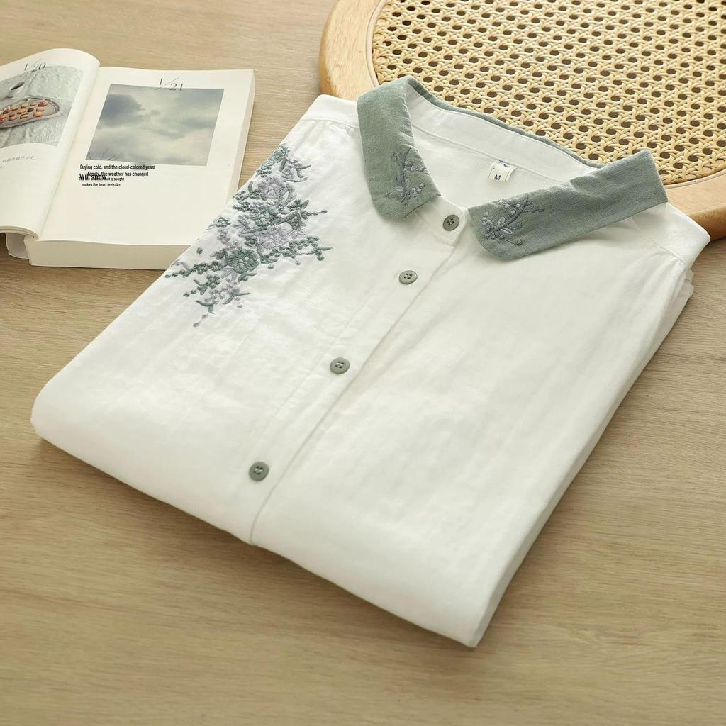 Women's Double-Layer Cotton Long-Sleeve Shirt, Autumn 2025 Retro Embroidered Collar, Soft and Breathable Pure Cotton.