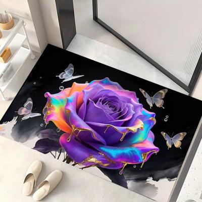 Yousheng 3D Rose Bathroom Rug Realistic Rose And Butterflies Floor Mat Absorbent Non-Slip Rug for Entrance Kitchen Bedroom Living Room