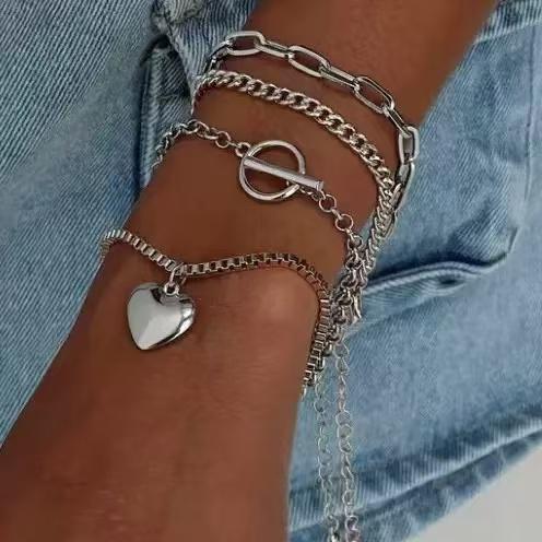 4 pcs Stackable Silvery Bracelet Set, Multi - chainCombination with Heart Pendant & Toggle Clasp, Gift forFriends, Anniversary .
