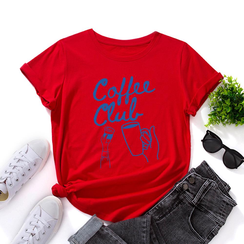 Coffee Alphabet Cotton T-Shirt Short Sleeve Round Neck Women 2d Print Tops