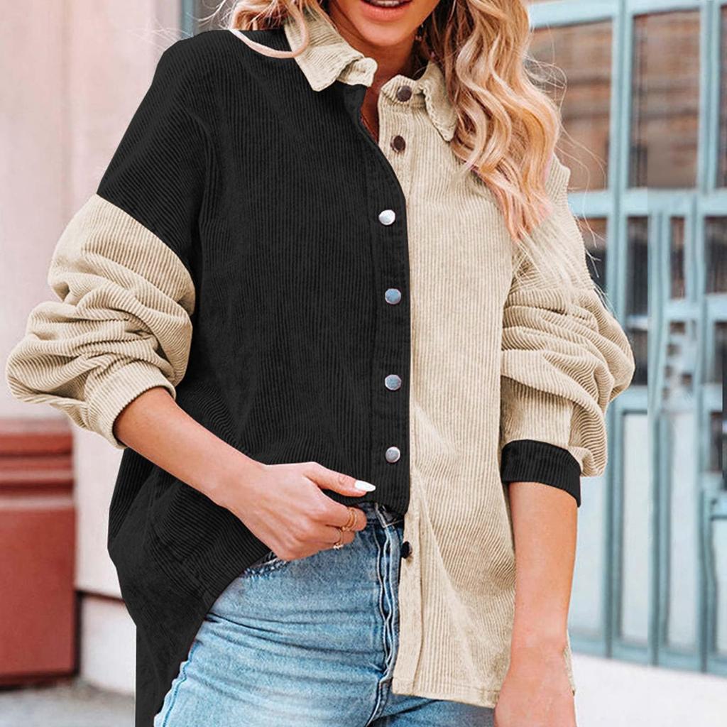 Women's Color Blocked Button Down Corduroy Shirt Long Sleeved Corduroy Jacket