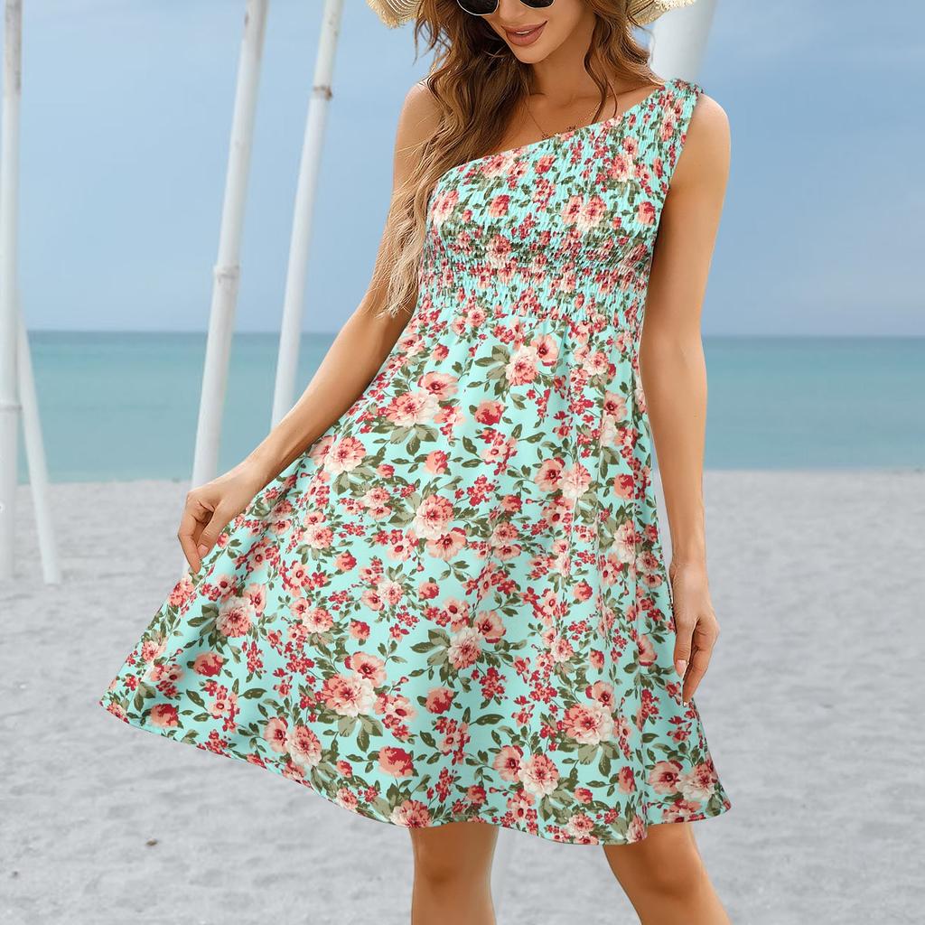 Summer Beach Skirt Floral One Shoulder Medium Length Dress Bohemian Strapless Strapless Dress