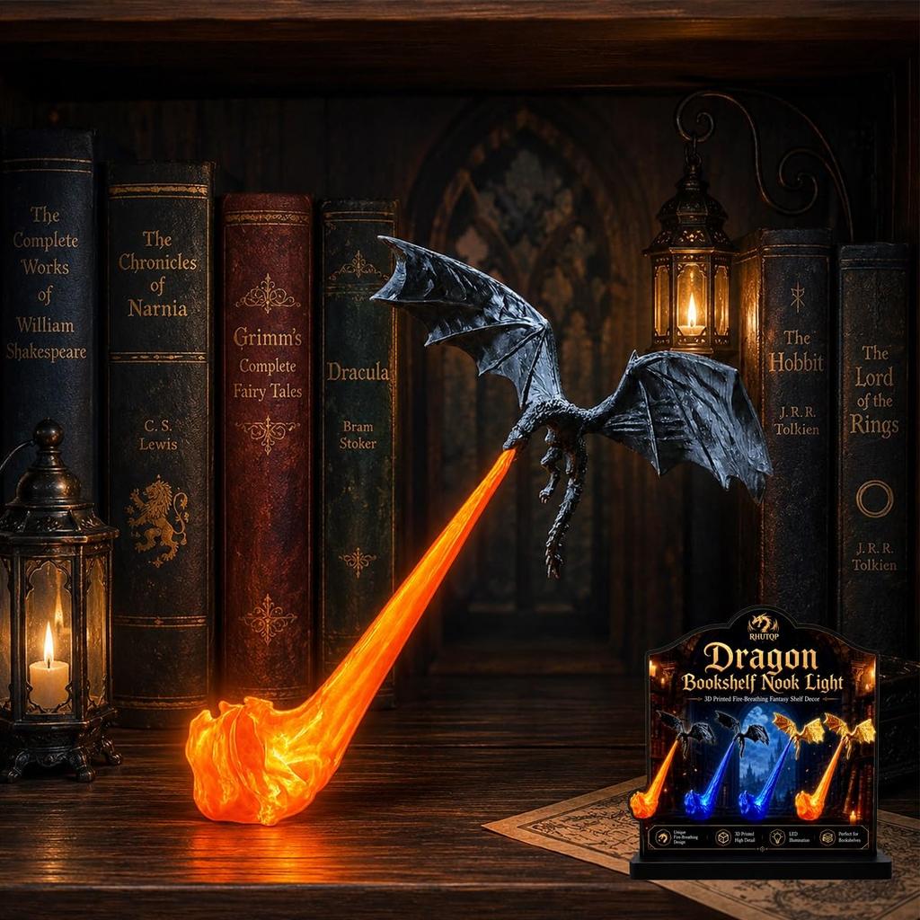 3D Fire-Breathing Dragon Bookshelf Nook Light Shelf Decor Flying Dragon Design Book Lover Gift Halloween Shelf Display