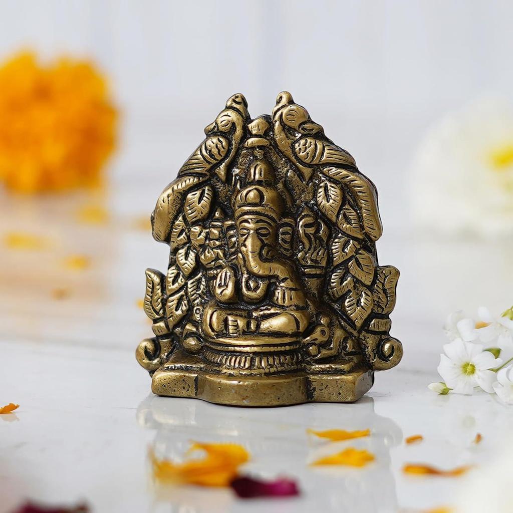 Metal Handcrafted Golden Lord Ganesha Idol On Peacock Design Throne - Decorative Religious God Statue for Home