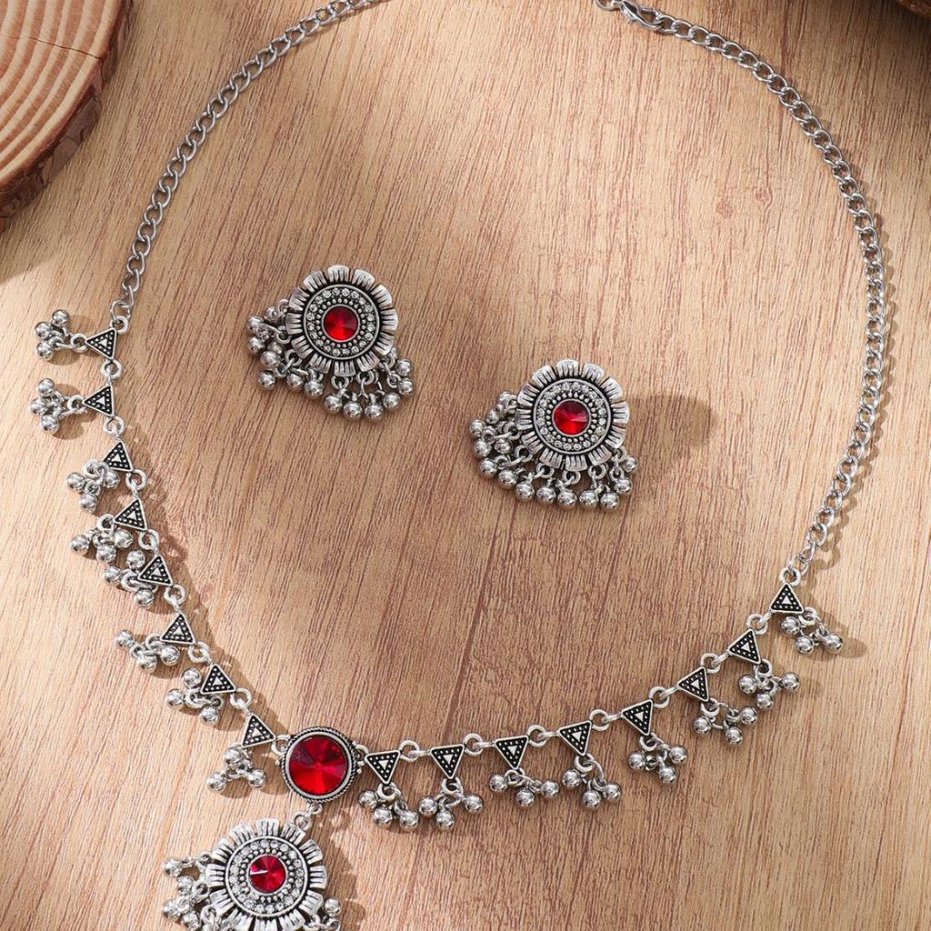 Vintage Ethnic Crystal Jewelry Sets For Women Ball Beads Tassel Choker Necklace Earrings