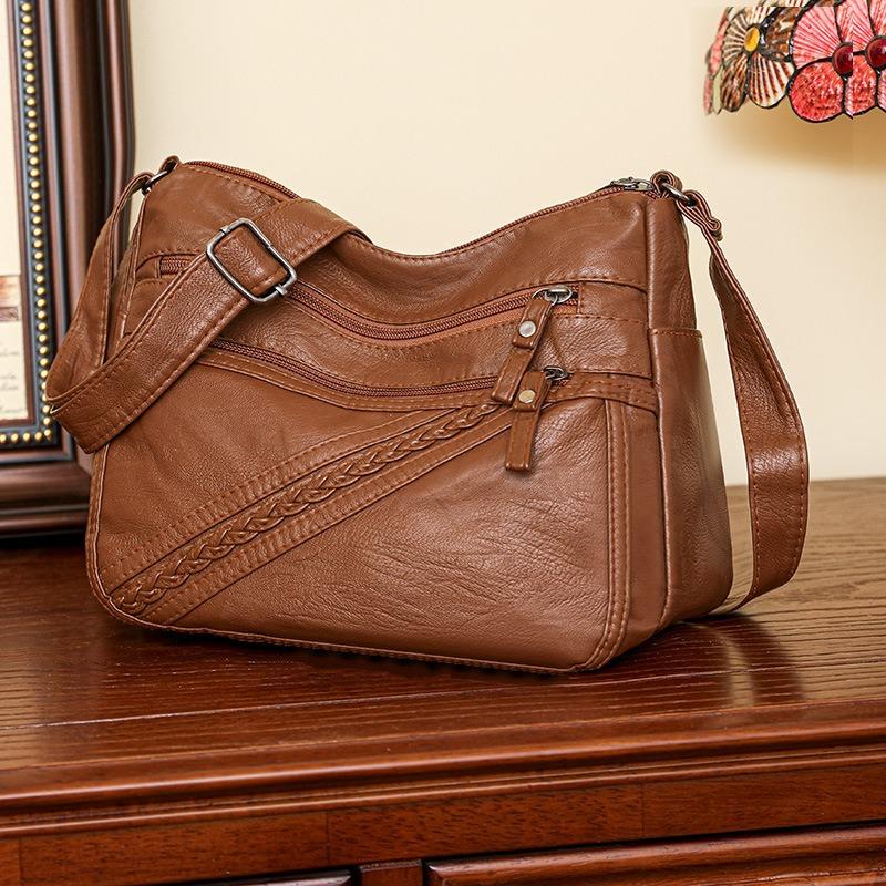 Single Shoulder Mother Bag New Simple Washed Leather Soft Leather Medium Women's Bag Messenger Bag Large Capacity Women's Bag