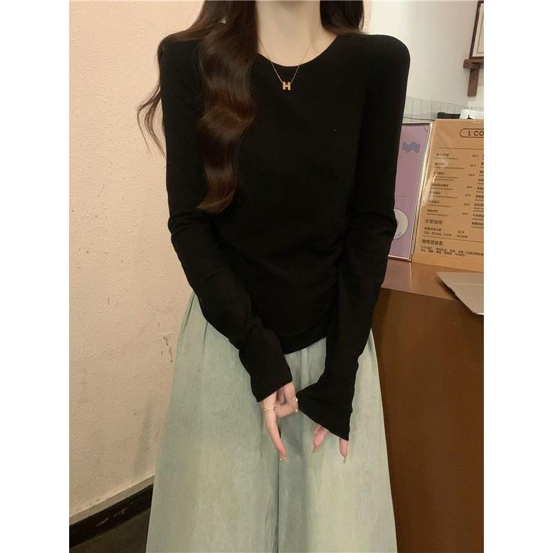 Women s Slim Fit Pleated Long Sleeve White Cotton Base Layer Top L (105-115)