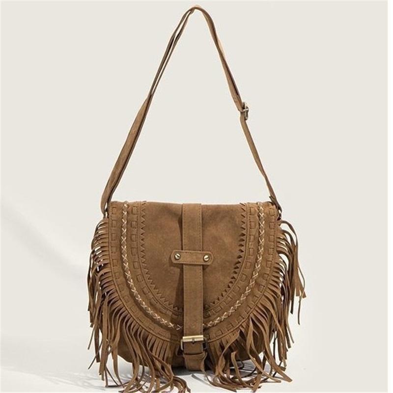 Western style imitation suede American tassel bag for women retro saddle bag fashionable shoulder bag crossbody