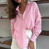 Women Pink & White Stripe Button Down Long Sleeve Oversized Shirt
