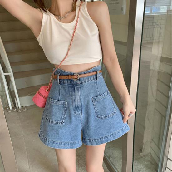 Pantaloni Scurți Denim cu Talie Înaltă pentru Femei Elastici Largi Pantaloni Scurți Jeans Casual cu Picior Lat Pantaloni Scurți de Vară cu Buzunare