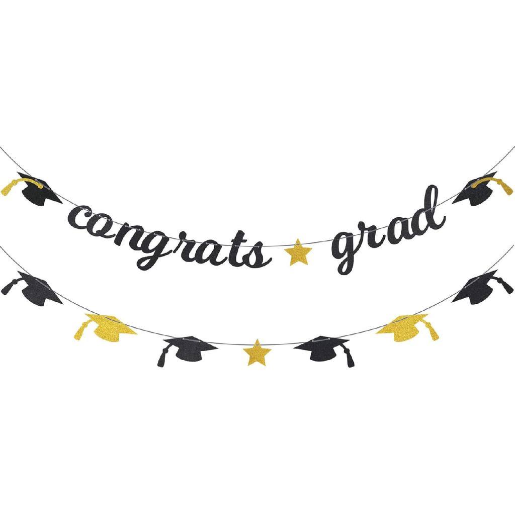 Congrats Grad Glitter Banner 2025 Graduation Congratulations Party Decorations Black Gold