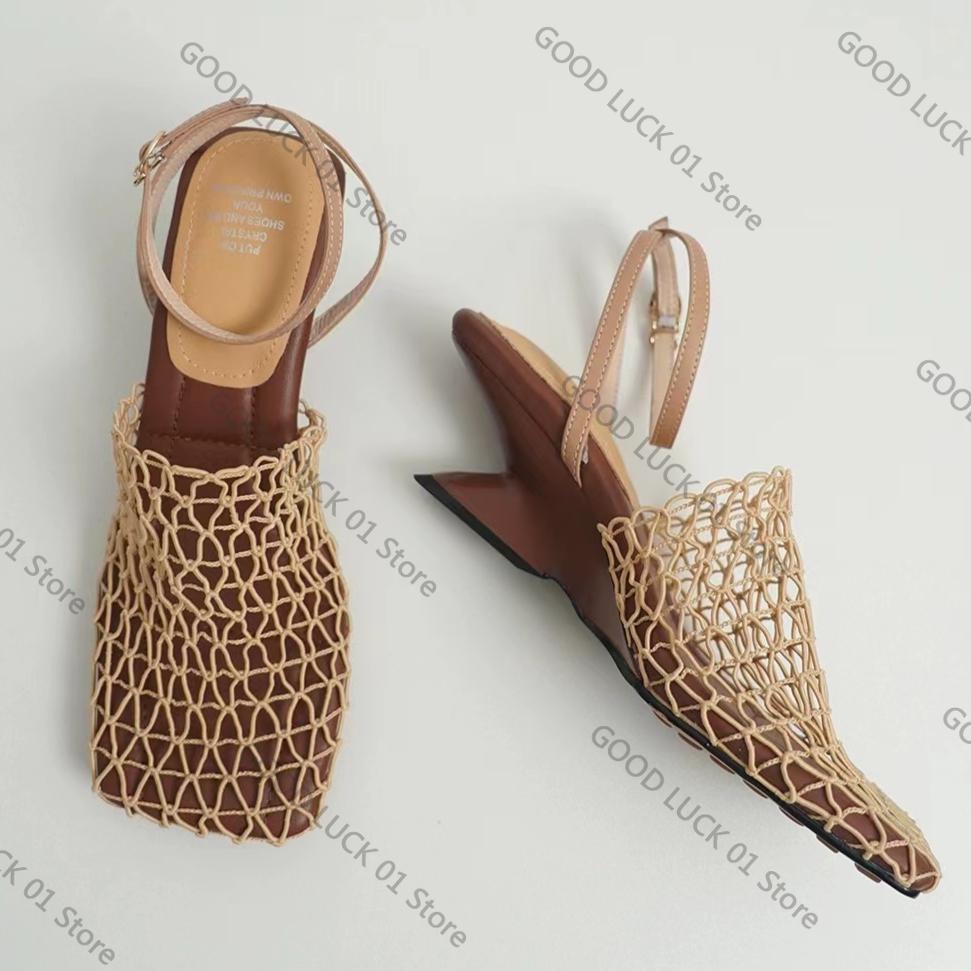 

Fashion Weave Mesh Women Heeled Sandals Hollow High Heels Shoes Woman Square Toe Slingback 2025 Summer Trend Beach Pumps Sandalias Mujer 34 абрикосовый