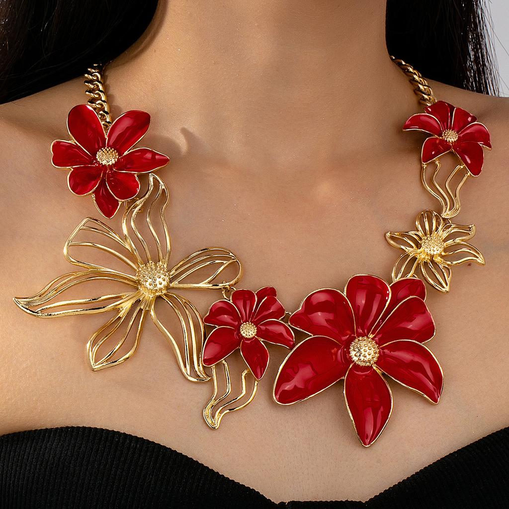 Vintage Oil Drop Flower Necklace for Women, Trendy Daily Beach Vacation Jewelry, Unique Delicate Collarbone Chain