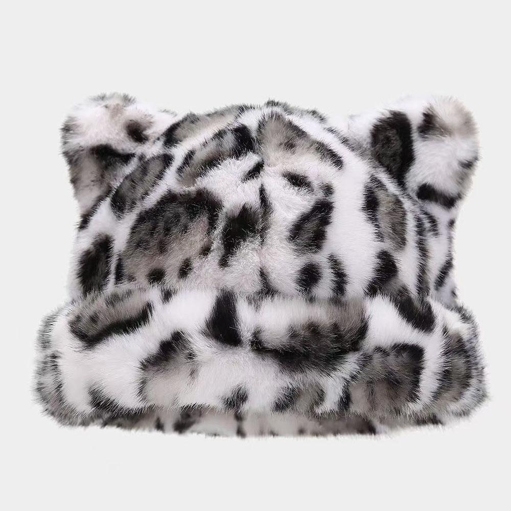 Winter Imitation Fur Hat Plush Bucket Hat Leopard Print Bear Ear Ruslan Baginsky Hat Thicken Woman Bonnet Ski Cap Fisherman Hats