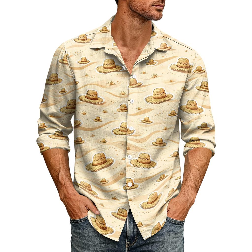 Men's Hawaiian Loose Fit Long Sleeve Shirt with Classic Collar Vintage Casual Button Down Shirt Suitable for Spring and Autumn Wear