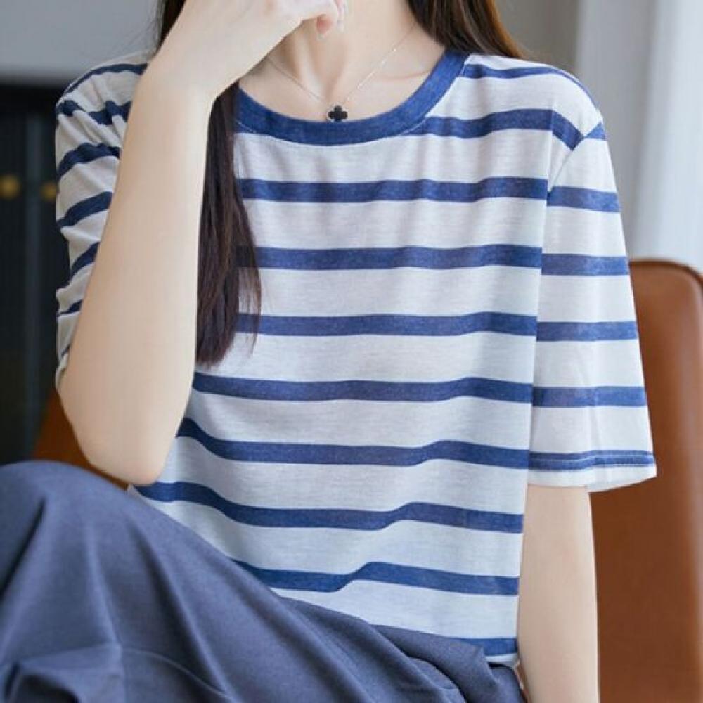 Navava Women Striped Round Neck Short Sleeve Knit Top Nk3059