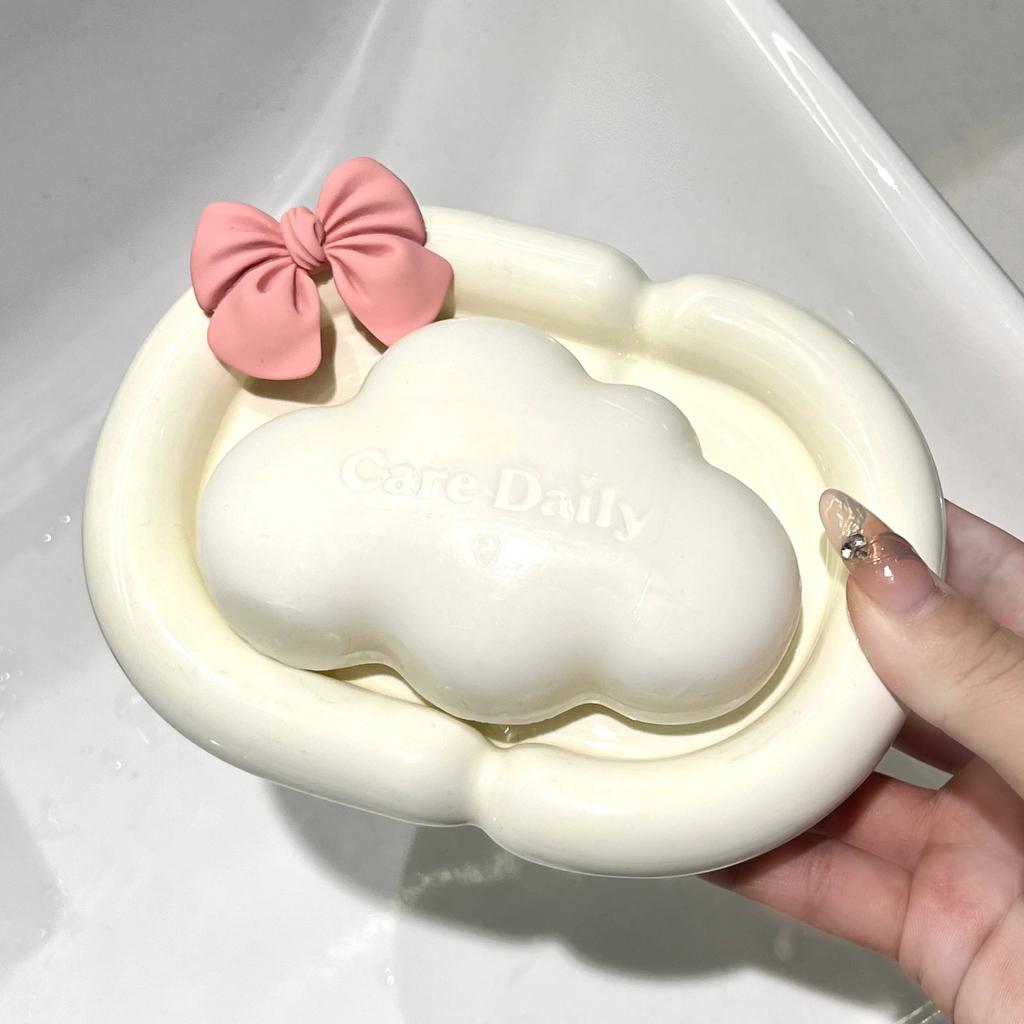 Bow Ceramic Soap Box Elliptical Drain Soap Box Creative Household Soap Dish Rack Storage Box Bathroom Decoration Accessories