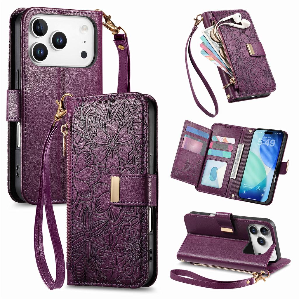 For iPhone 17 Pro Case Floral Leaf Pattern Multi Card Slots Zipper Leather Phone Cover with Wrist Strap