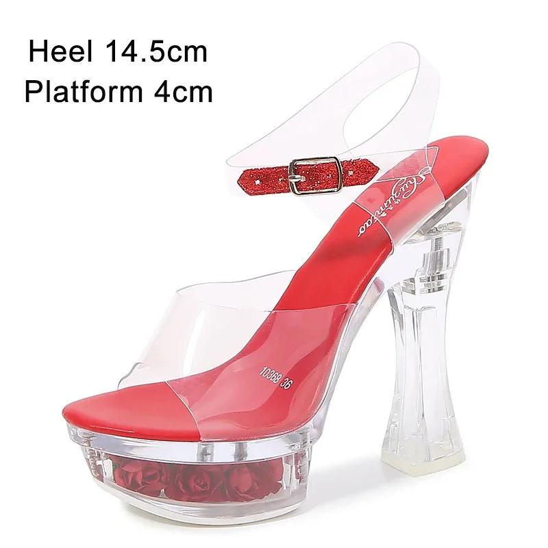 Fashion Designer Sandals Sandalias Women 2025 Summer New Flowers Transparent High Heels 14.5cm Platform Thick Heel Ladies Banquet Shoes