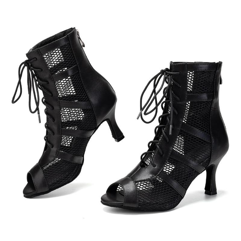 Girls Ladies Sexy Latin Lace Up Jazz Dance Shoes Mesh Breath High Top Dancing Boots  High Heels 7.5CM
