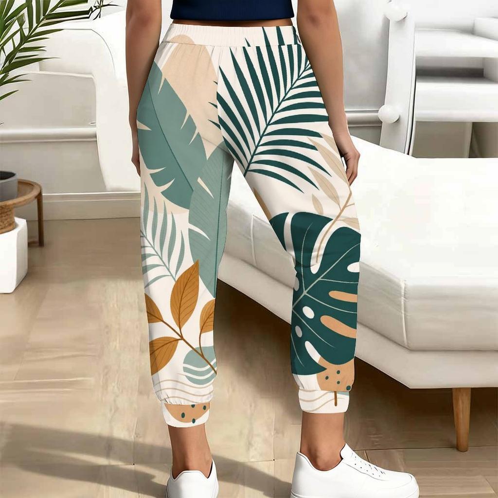 Women Plus Size Tropical Leaf Printed Drawstring Waist Cuffed Ankle Jogger Pants With Side Pockets