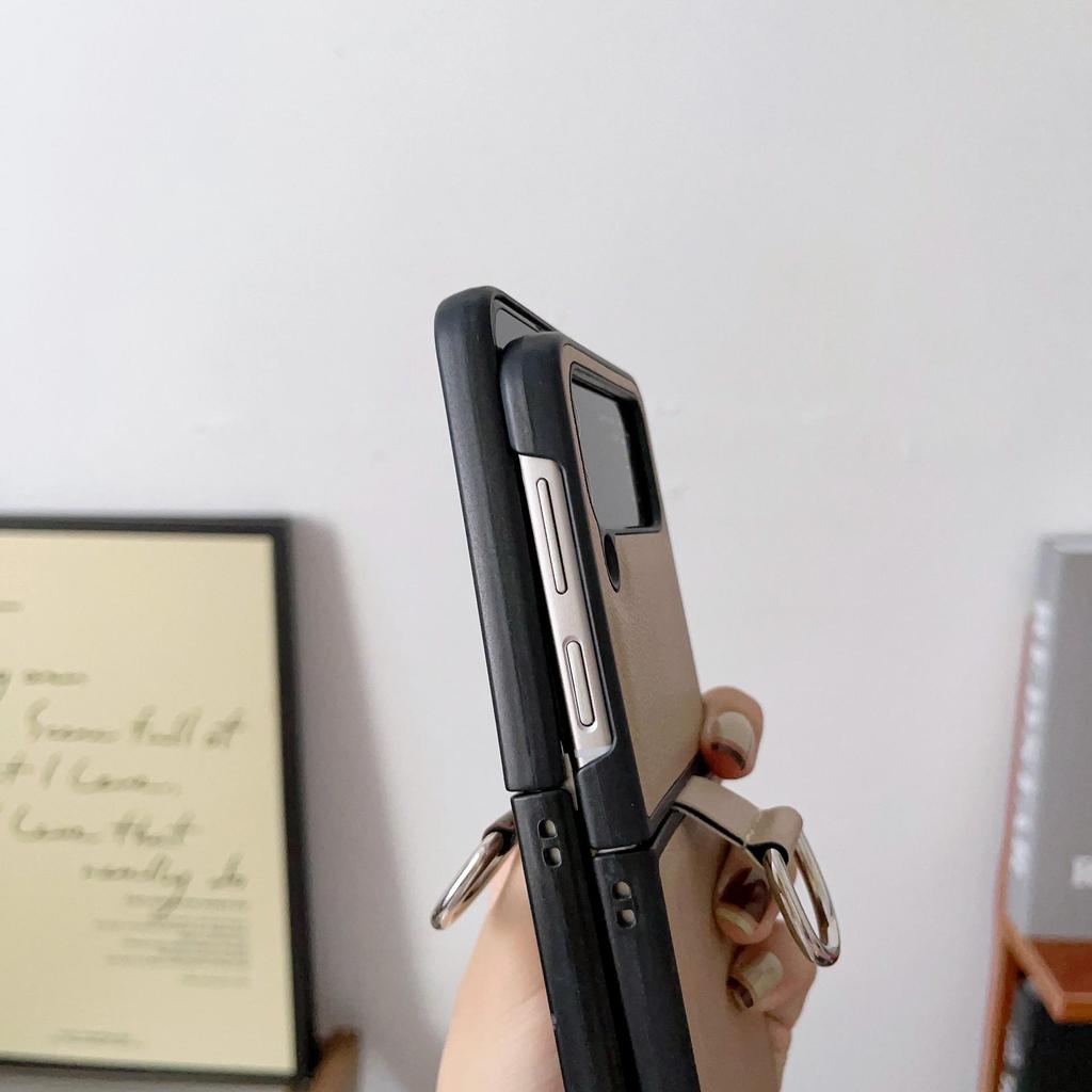 Samsung Z Flip7/6/5 Leather Pattern Ring Case - Drop Protection, Solid Color, Foldable Phone Cover