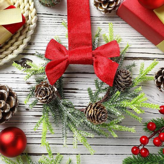 6 Pcs 6 Inch Christmas Mini Cabinet Wreaths Small Artificial Cedar Wreath with Ribbon Bow Pinecone Berry for Front Door Window Farmhouse Home