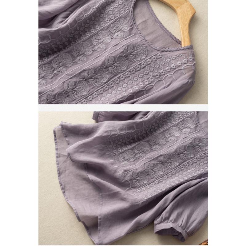 O Neck Embroidery Loose Women Blouse Solid Color Short Sleeve Casual Shirt Ladies Office Sweet Simple Elegant Fashion Tops Female Thin Clothing