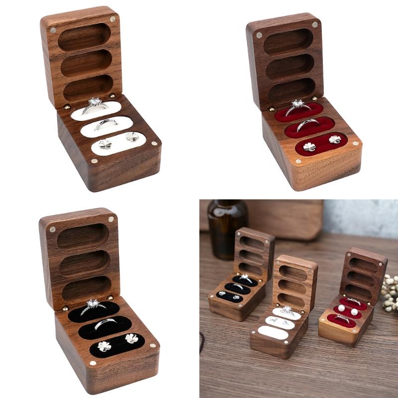 Rings Container Solid Walnut Wood Wedding Ring Storage Organizer Jewelry Box with Velvets Interior for Engagement