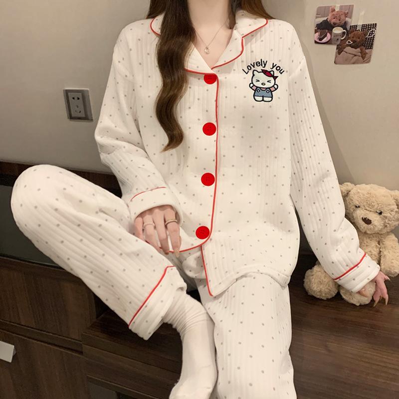 Air cotton pajamas women's autumn and winter long sleeves thickened interlayer warm stars cat student loungewear real shot