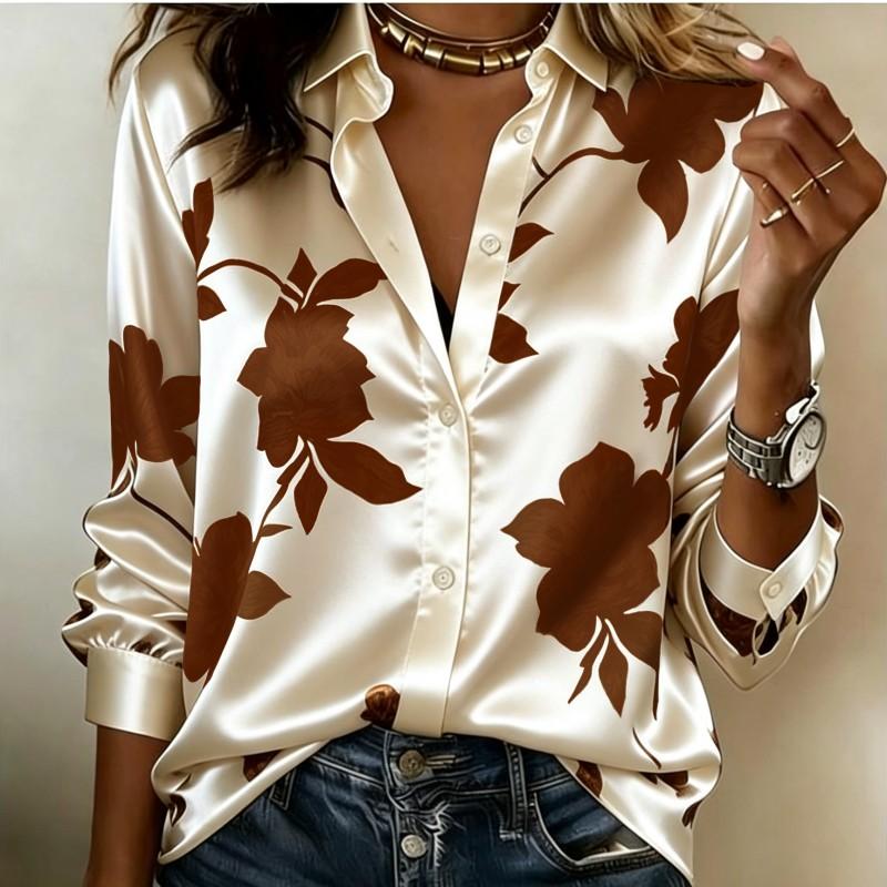 Women Satin Big Floral Print Shirt Long Sleeve Lapel Button‑Down Blouse Elegant Office Party Casual Ladies Multi‑Color Top