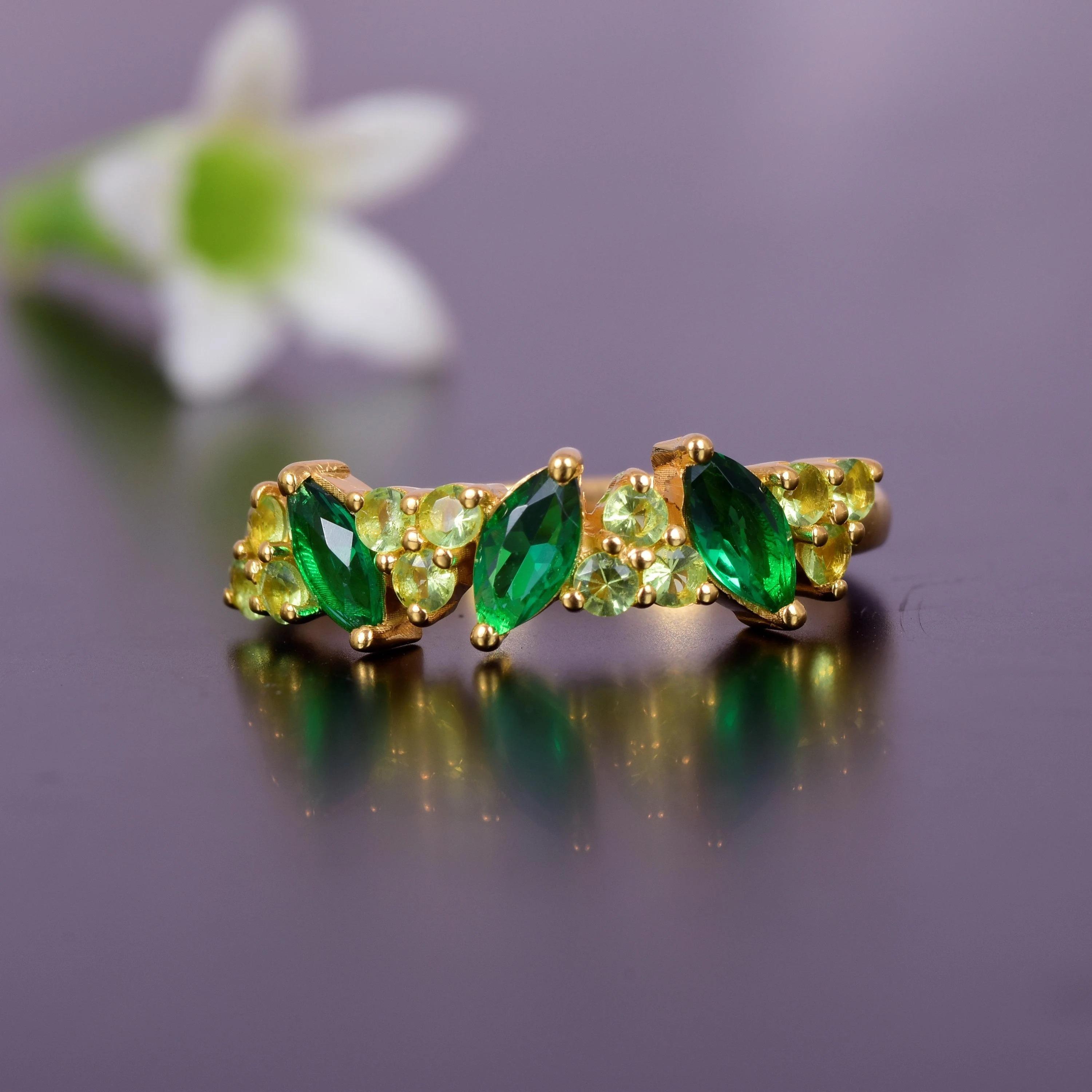 

Marquise Emerald and Peridot Engagement Ring – Yellow Gold Plated Cluster Band | Two Birthstone Ring for Women | Anniversary, Wedding, Promise Gift 10 US розовый