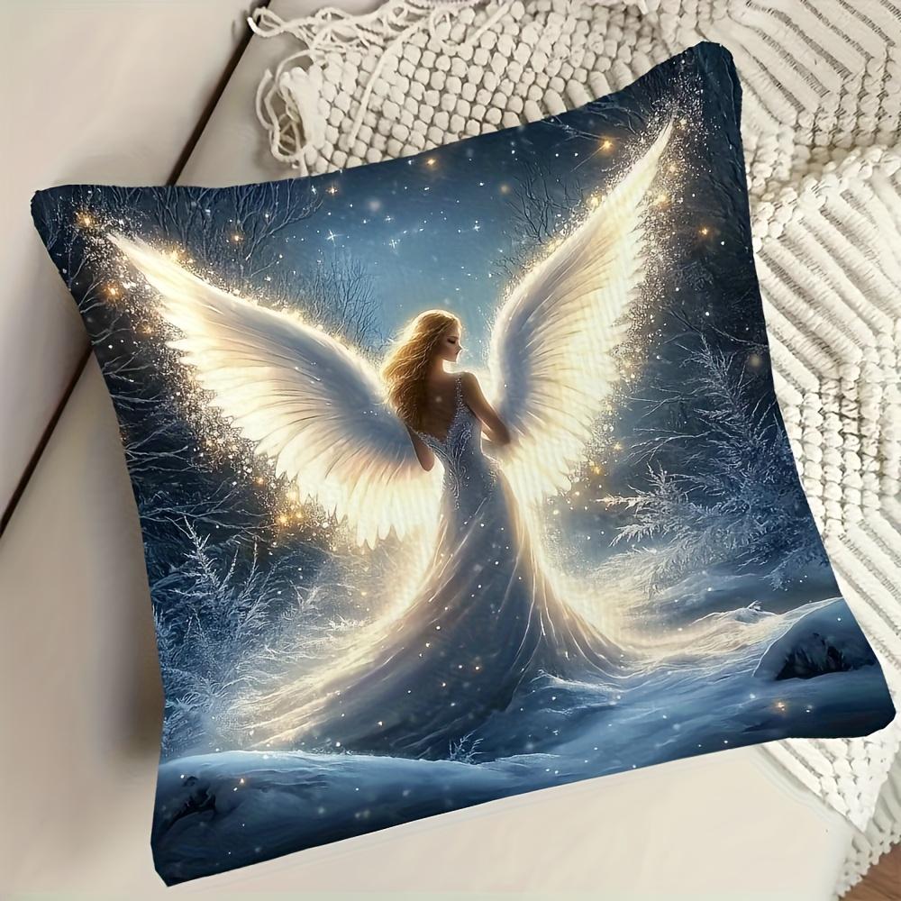 Magical Winter Angel Print Throw Pillow Cover Glowing Snowy Forest Angel Art Cushion Case For Enchanted Home Decor Couch