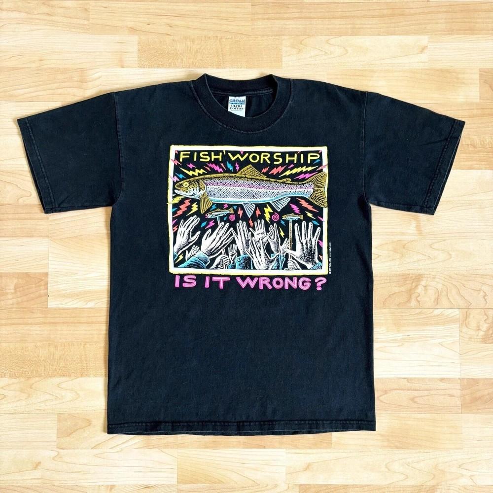 

Vintage 90s Fish Worship Art Tee Black T-Shirt Faded Black RAREFOR FAN ON TREND Unisex T-Shirt XXL