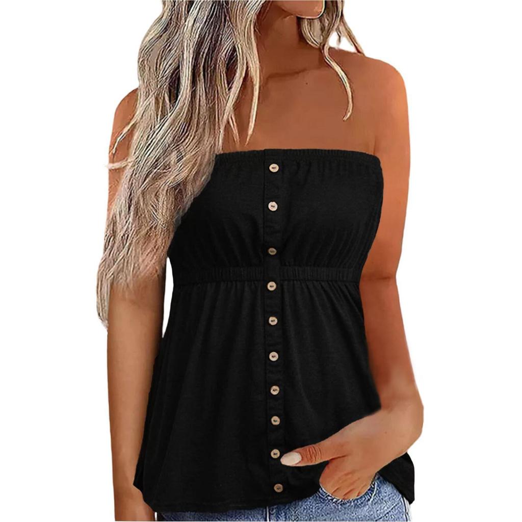 Women's Solid Color Sexy Off-the-shoulder Slim-fit Pullover Sleeveless Button Decoration Top