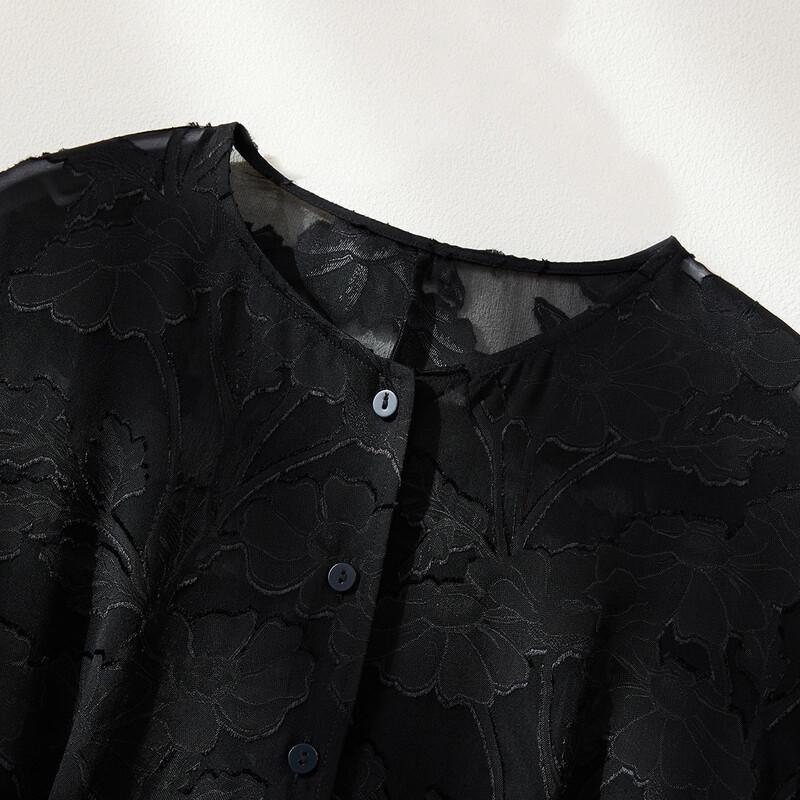 Elegant Floral Jacquard Mulberry Silk Round Neck Top