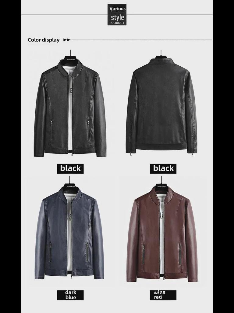 Męska modna kurtka skórzana ze stójką na wiosnę i jesień 2023 z aksamitem dla młodzieży