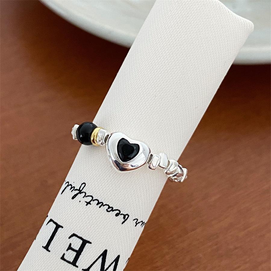 Sterling silver black agate love broken silver ring simple sweet cool wind elastic rope ring