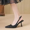 Women Pointed Toe One-word Buckle Sandals Luxury Design Heels Shoes Lady Leather High Thin Heel Shoes Elegant Sexy Sequin Shoes