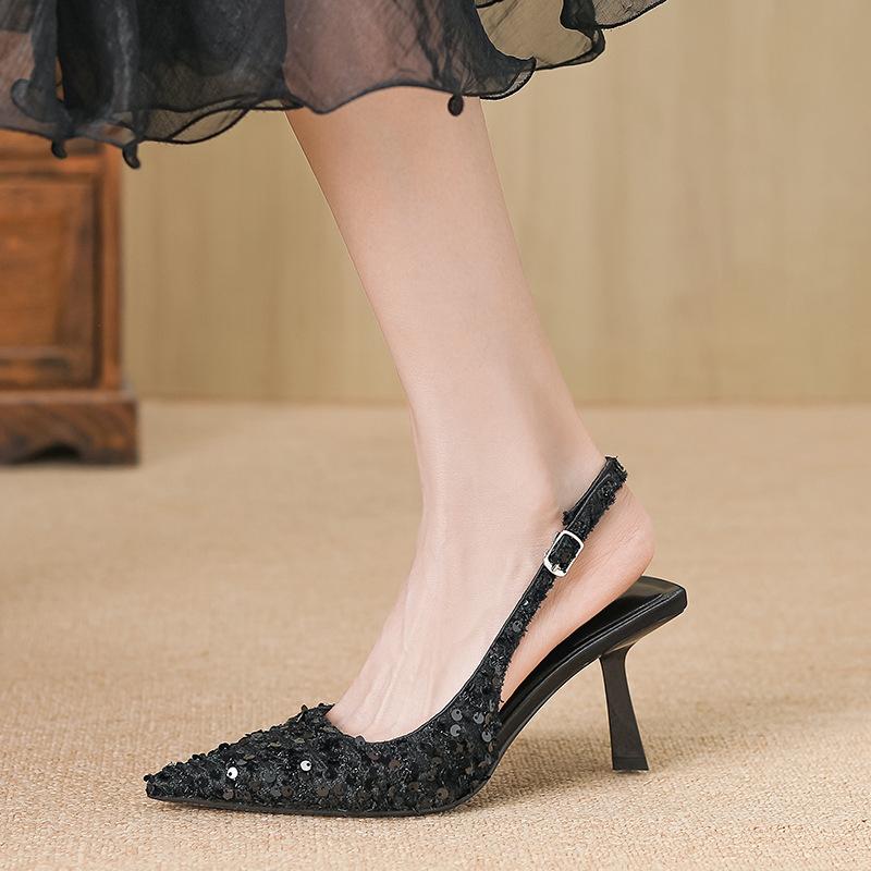 Dámské sandály s špičatou špičkou a jednoslovnou přezkou, luxusní design, boty na podpatku, dámské kožené boty na vysokém tenkém podpatku, elegantní sexy boty se třpytkami