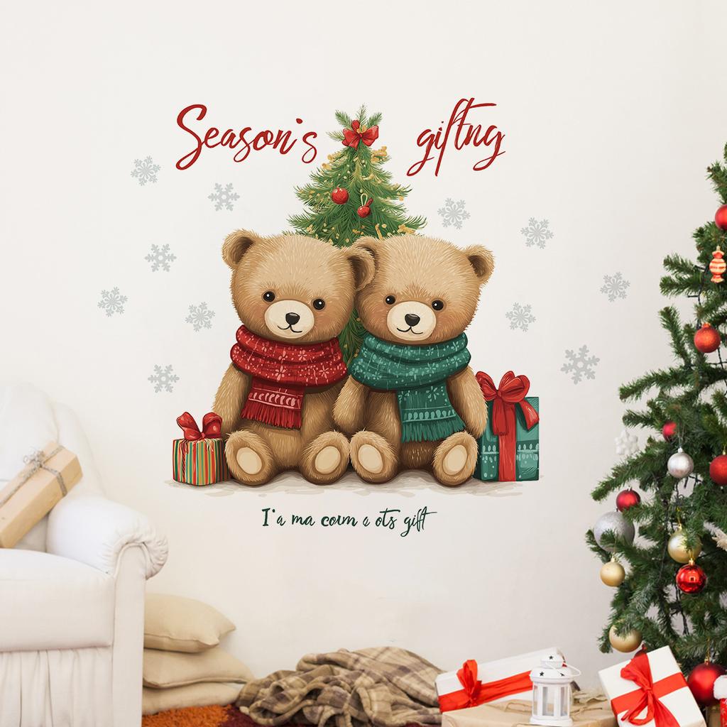 Christmas Cartoon Bear Christmas Tree Stickers, Christmas Room Decoration Wall Stickers
