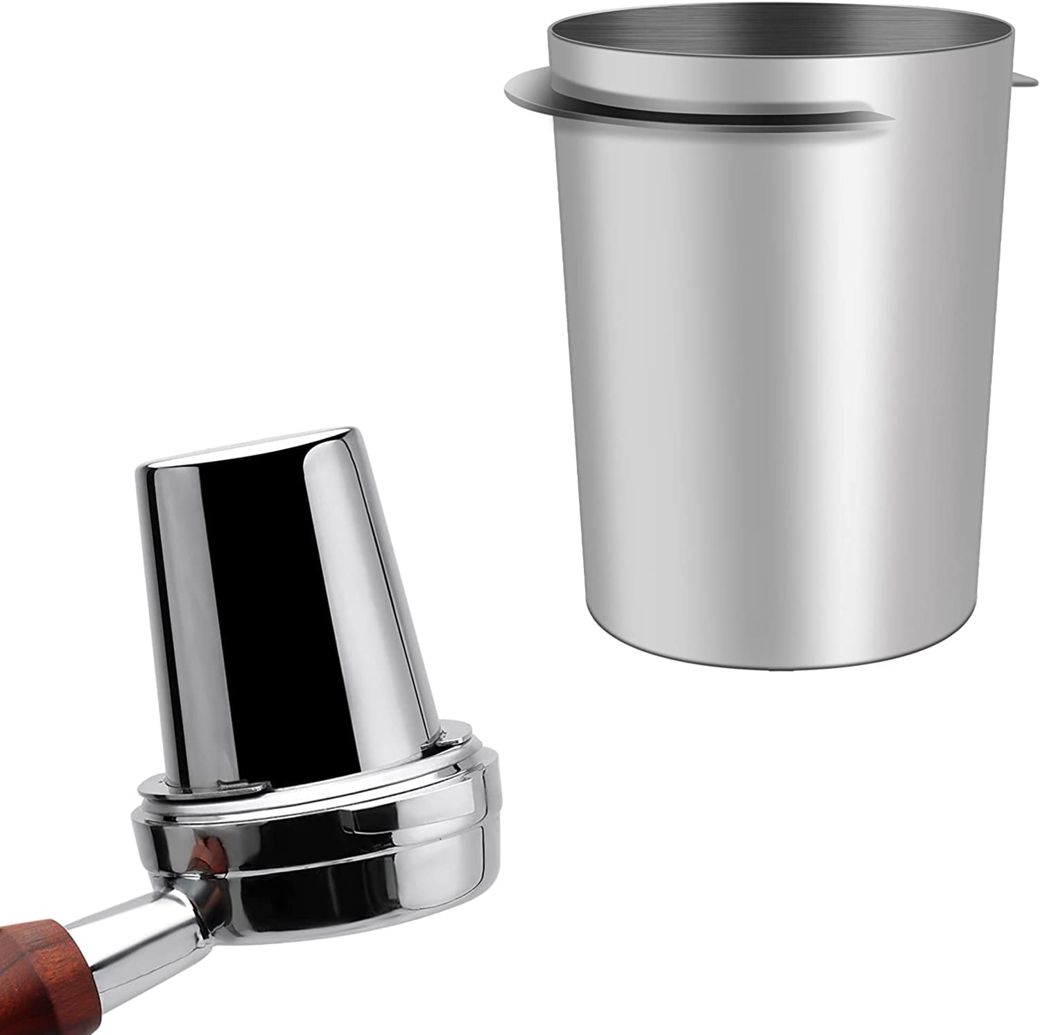 

Espresso Dosing Cup: 58mm Stainless Steel Coffee Powder Receiving Cup. Fits all 58mm Portafilter Baskets (Silver)