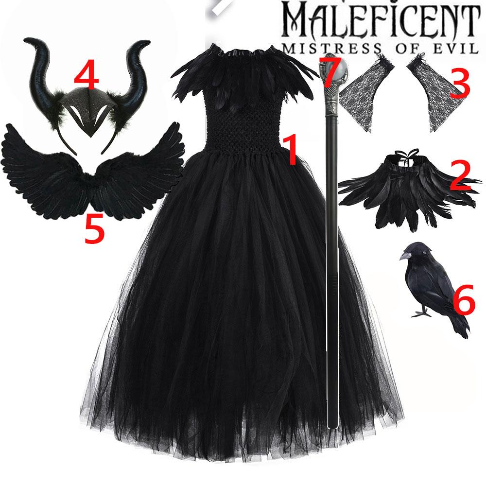 2-10Yrs Maleficent Girl Evil Queen Black Tutu Dress with Feather Scarf Halloween Villain Party Gothic Costume Gown Vestidos