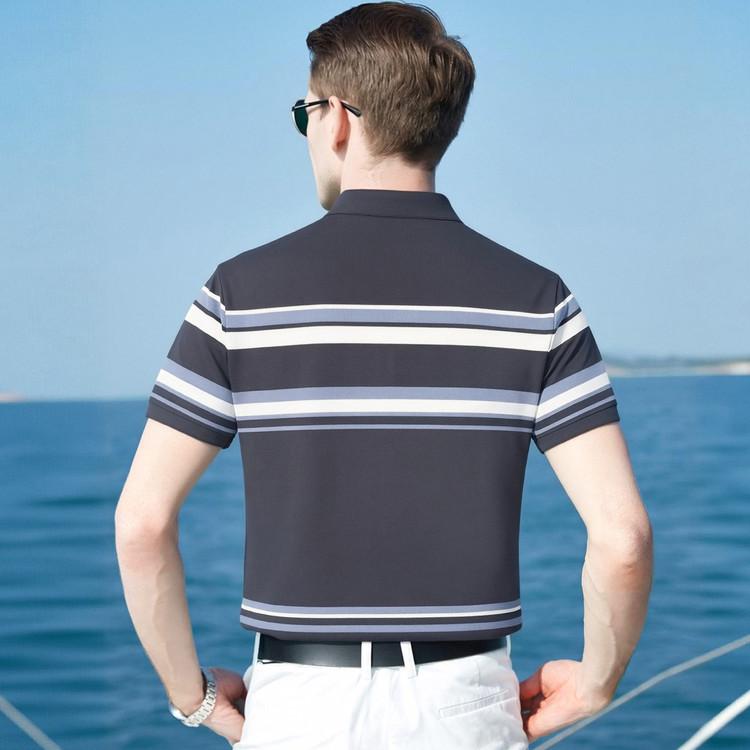 Summer Classic Striped Business Casual Silk Slippery Cool Drop Short Sleeve Polo Shirt with Mulberry Silk