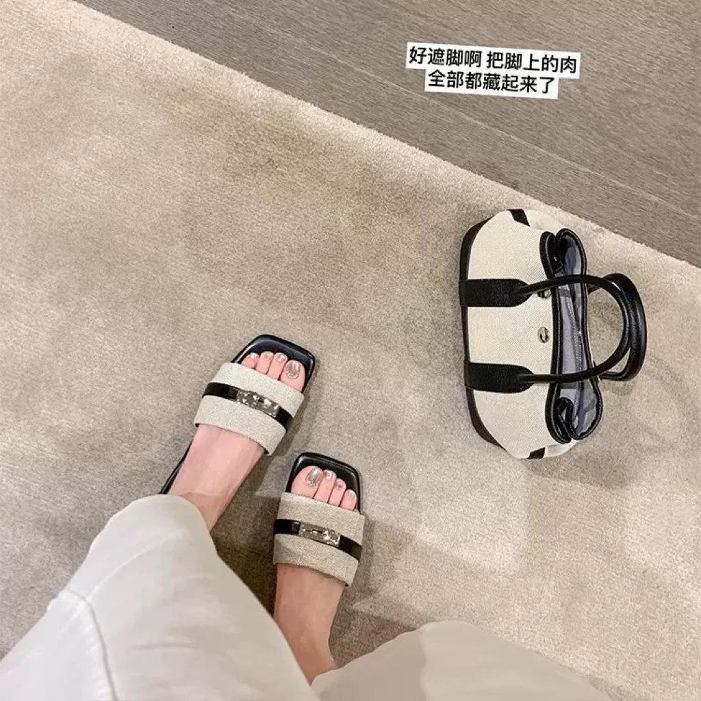Sheepskin version of the new niche lock leather one-word slippers women's summer wear flat leather French sandals women's shoes