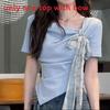 Dopamine Summer Fashion Short Sleeve T Shirt With Bow Tie And Asymmetric Pattern For Women