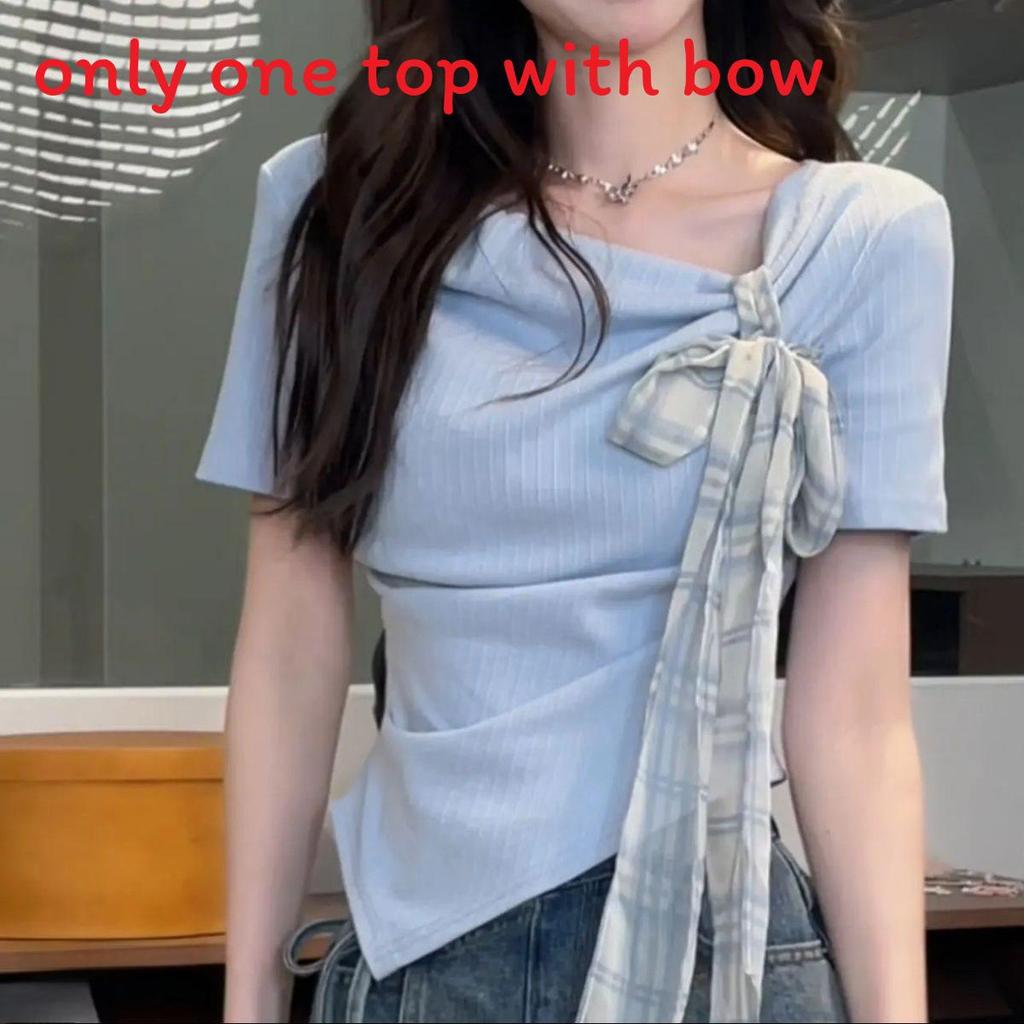 Dopamine Summer Fashion Short Sleeve T Shirt With Bow Tie And Asymmetric Pattern For Women