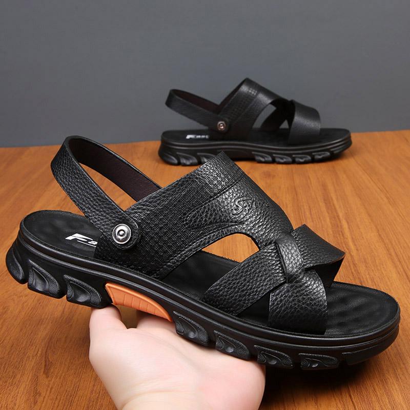 Fashion Men Summer New Top Layer Cowhide+latex Pad Beach Shoes Adult Thick-soled Soft Sole Beach Shoes Non-slip Open-toe Leather Sandals
