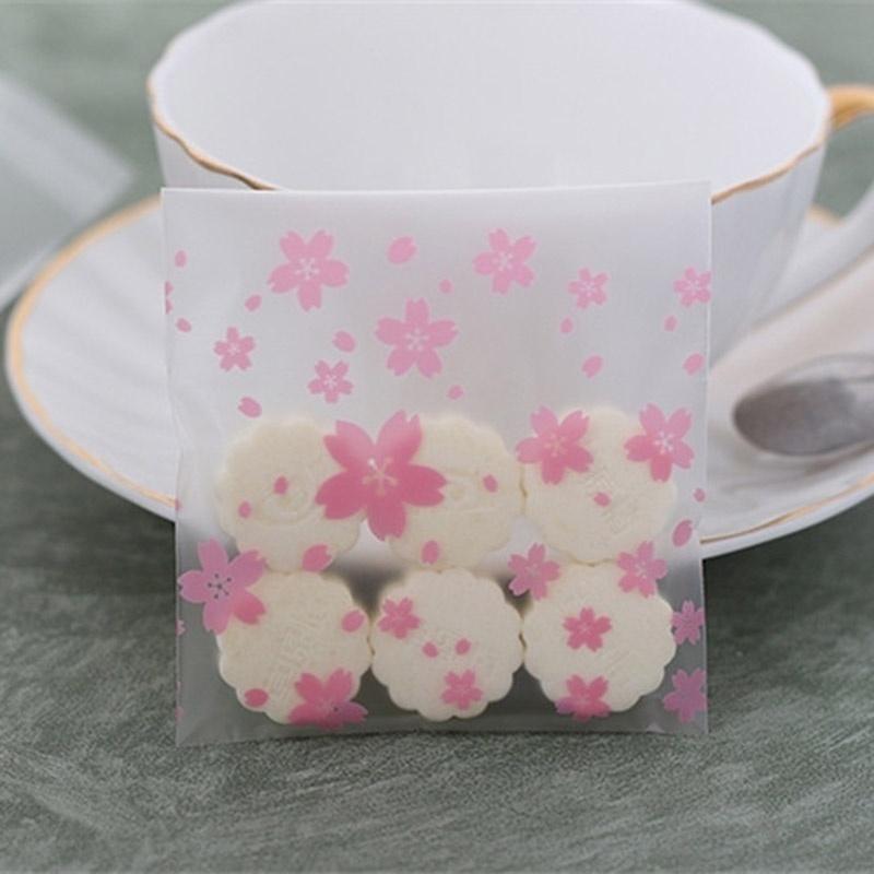 100pcs Pink Transparent Cherry Blossoms Mini Self Adhesive Scrub Opp Bags DIY