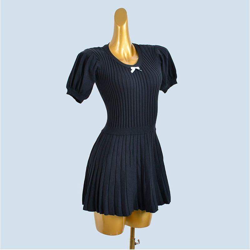 

Summer New Arrival Pleated Skirt V-neck Puff Sleeve Short Sleeve Thin Elegant Knitting Dress Tibetan Blue One size